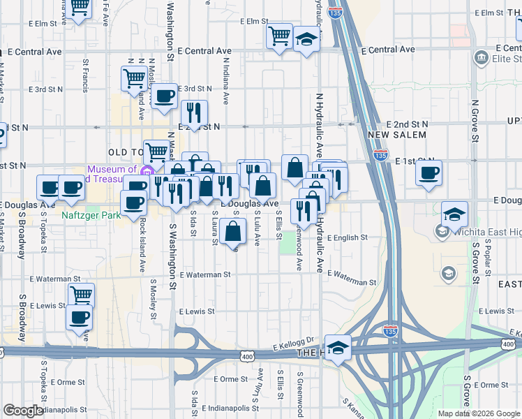 map of restaurants, bars, coffee shops, grocery stores, and more near 1351-1399 E Douglas Ave in Wichita