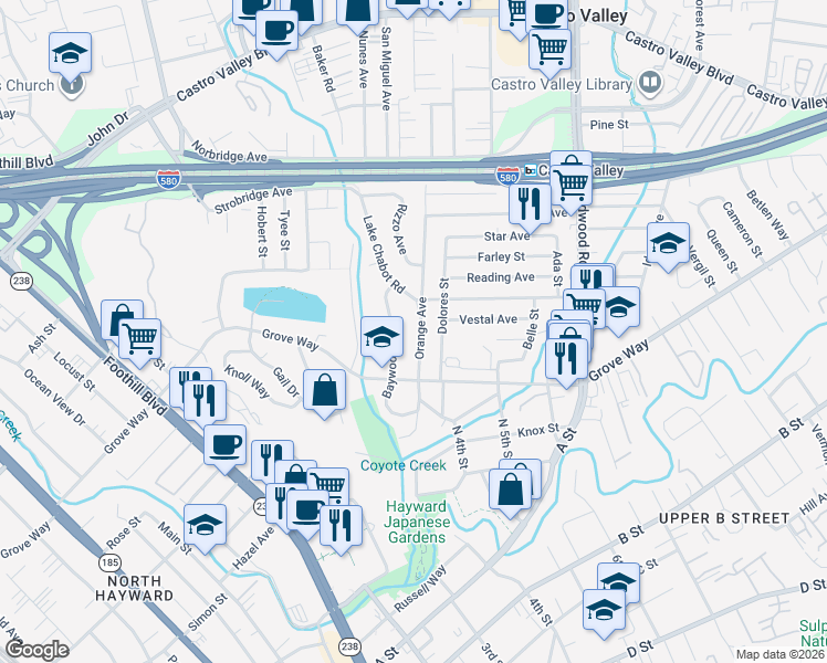 map of restaurants, bars, coffee shops, grocery stores, and more near 21748 Baywood Avenue in Castro Valley