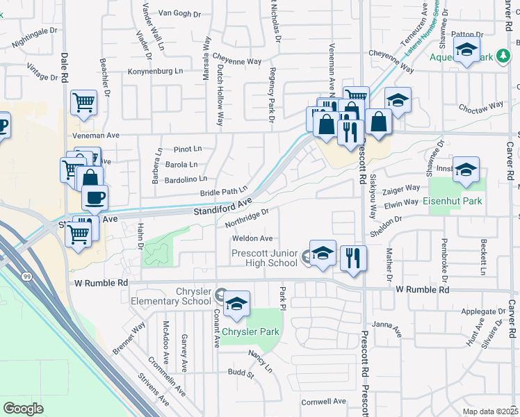 map of restaurants, bars, coffee shops, grocery stores, and more near 2317 Northridge Drive in Modesto