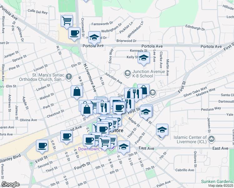 map of restaurants, bars, coffee shops, grocery stores, and more near 2375 Chestnut Street in Livermore