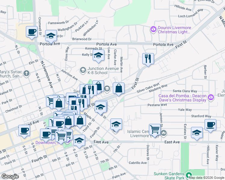 map of restaurants, bars, coffee shops, grocery stores, and more near 2912 Worthing Common in Livermore
