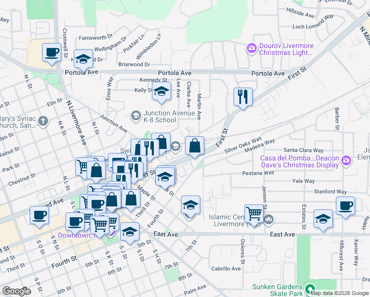 map of restaurants, bars, coffee shops, grocery stores, and more near 2906 Worthing Common in Livermore