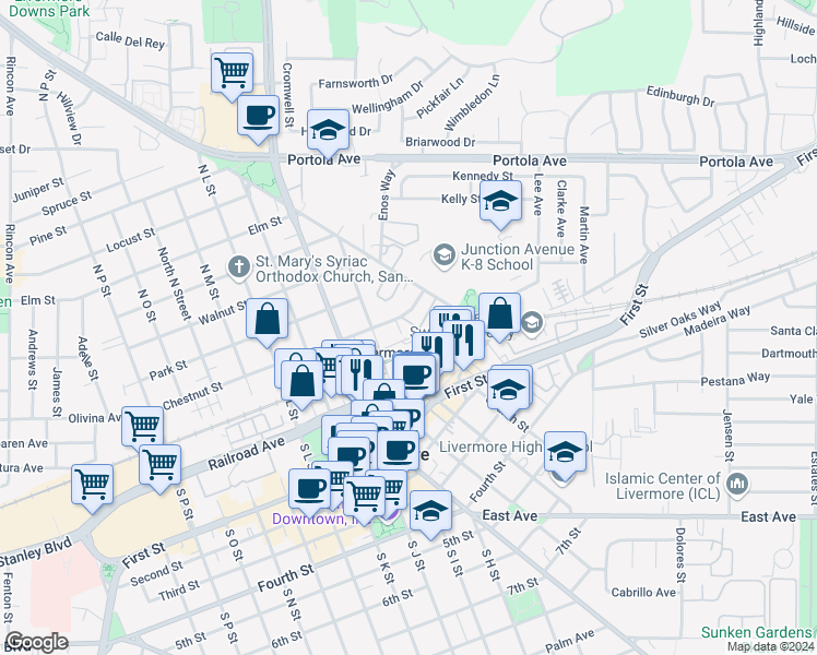 map of restaurants, bars, coffee shops, grocery stores, and more near 2375 Chestnut Street in Livermore