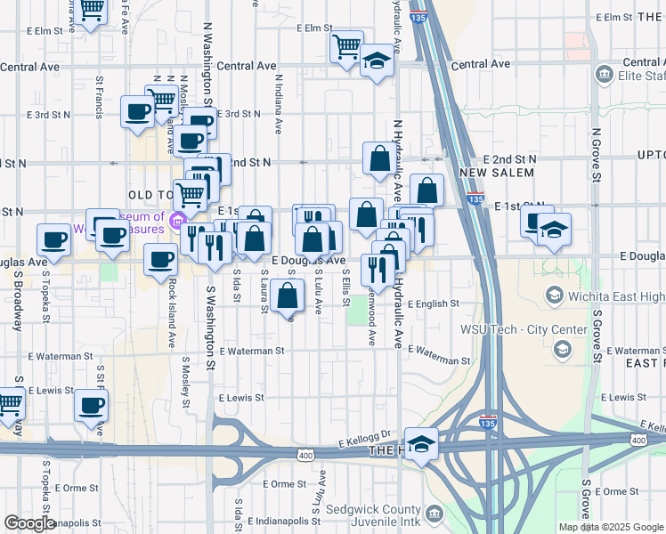 map of restaurants, bars, coffee shops, grocery stores, and more near 1425 East Douglas Avenue in Wichita