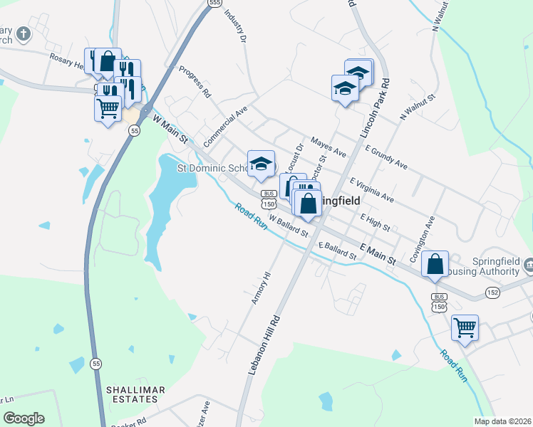 map of restaurants, bars, coffee shops, grocery stores, and more near 106 South Locust Street in Springfield