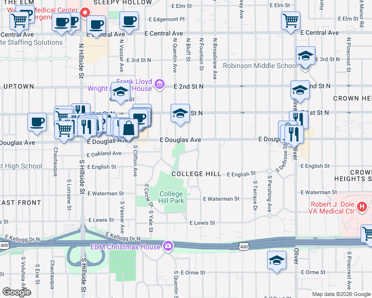 map of restaurants, bars, coffee shops, grocery stores, and more near 3916 Willow Drive in Wichita
