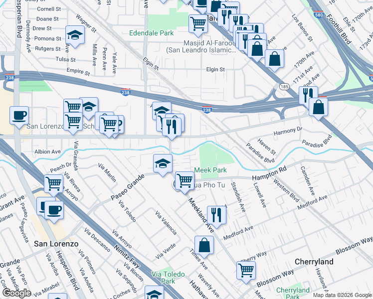 map of restaurants, bars, coffee shops, grocery stores, and more near 427 East Lewelling Boulevard in San Lorenzo