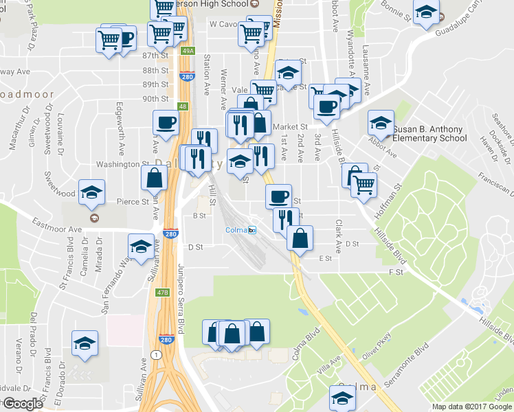 map of restaurants, bars, coffee shops, grocery stores, and more near 320 A Street in Daly City