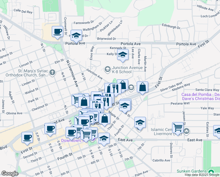 map of restaurants, bars, coffee shops, grocery stores, and more near 233 Junction Ave in Livermore