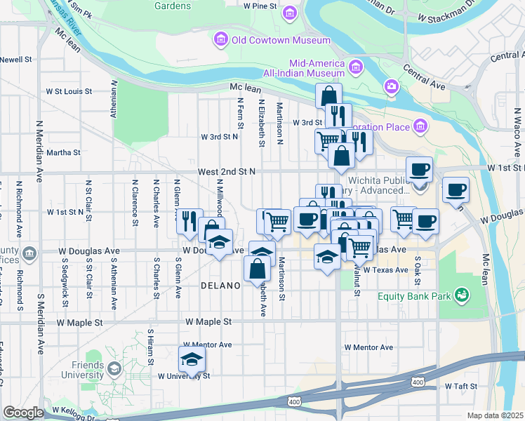 map of restaurants, bars, coffee shops, grocery stores, and more near 1501 West 1st Street North in Wichita