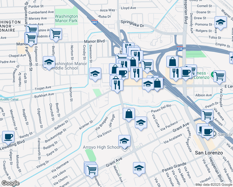 map of restaurants, bars, coffee shops, grocery stores, and more near 712 Lewelling Boulevard in San Leandro