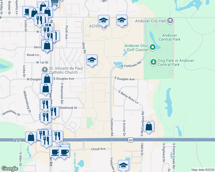 map of restaurants, bars, coffee shops, grocery stores, and more near 101-199 South Yorktown Road in Andover