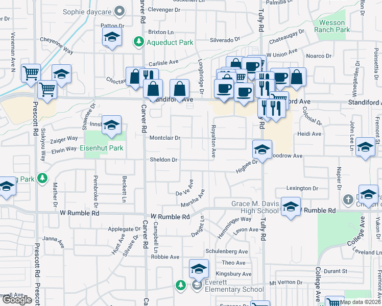 map of restaurants, bars, coffee shops, grocery stores, and more near 3304 Benton Circle in Modesto