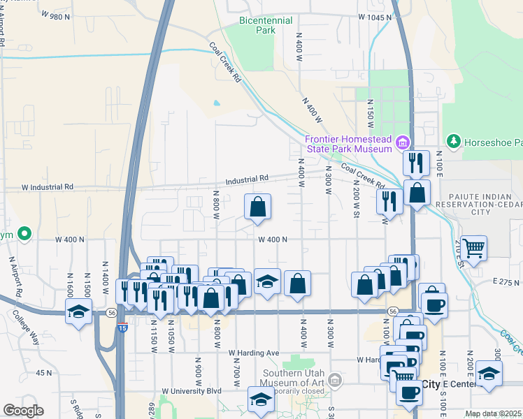 map of restaurants, bars, coffee shops, grocery stores, and more near 500 North 600 West in Cedar City