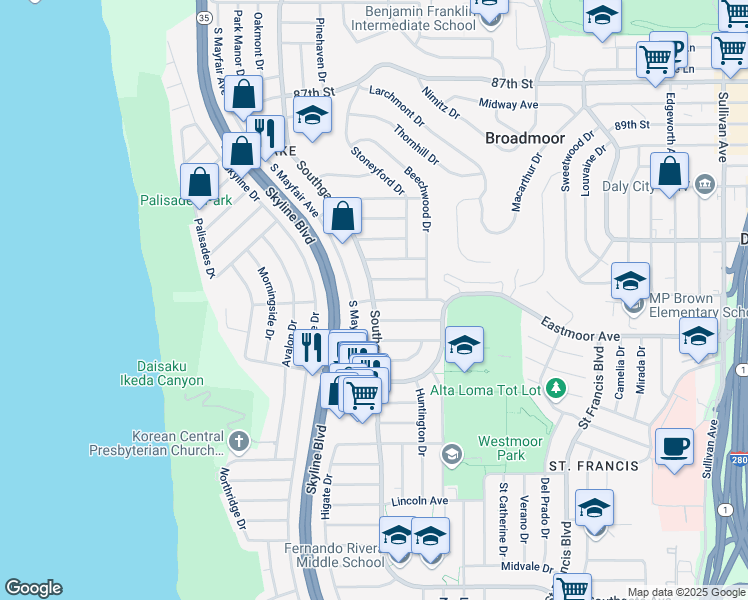 map of restaurants, bars, coffee shops, grocery stores, and more near Southgate Avenue in Daly City
