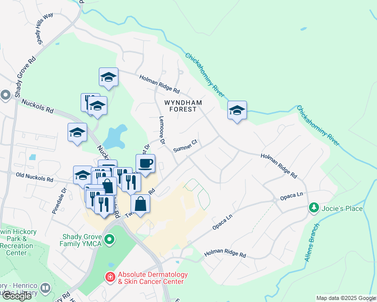 map of restaurants, bars, coffee shops, grocery stores, and more near 11913 Sumner Court in Glen Allen