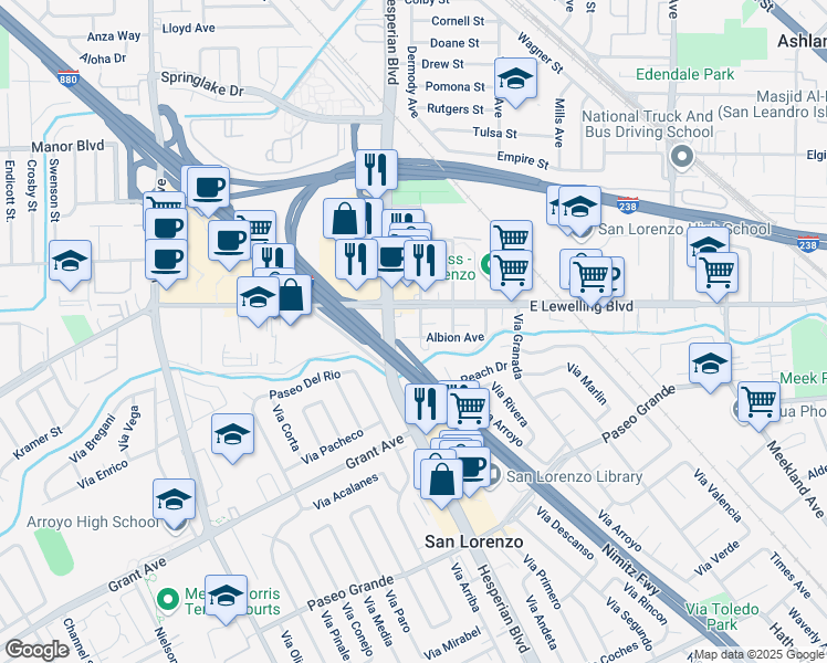 map of restaurants, bars, coffee shops, grocery stores, and more near 15643 Usher Street in San Lorenzo