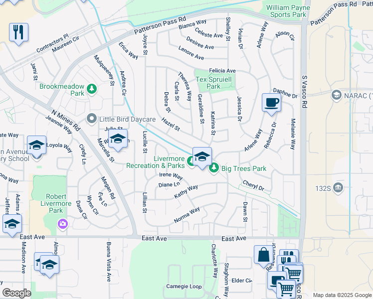 map of restaurants, bars, coffee shops, grocery stores, and more near 5340 Charlotte Way in Livermore