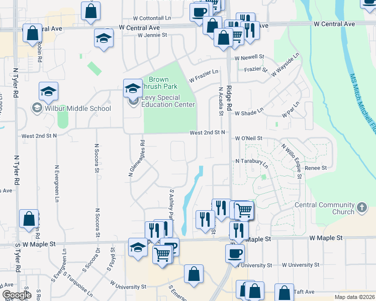 map of restaurants, bars, coffee shops, grocery stores, and more near 210 North Ashley Park in Wichita