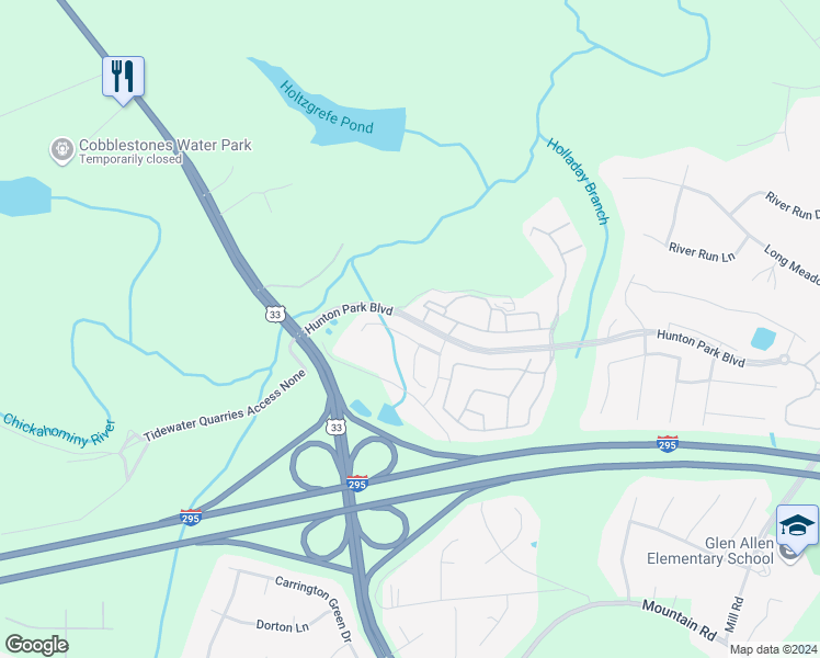 map of restaurants, bars, coffee shops, grocery stores, and more near 3024 Hunton Cottage Lane in Glen Allen