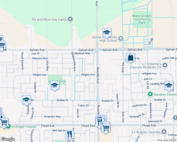 map of restaurants, bars, coffee shops, grocery stores, and more near 2908 Palliser Court in Modesto