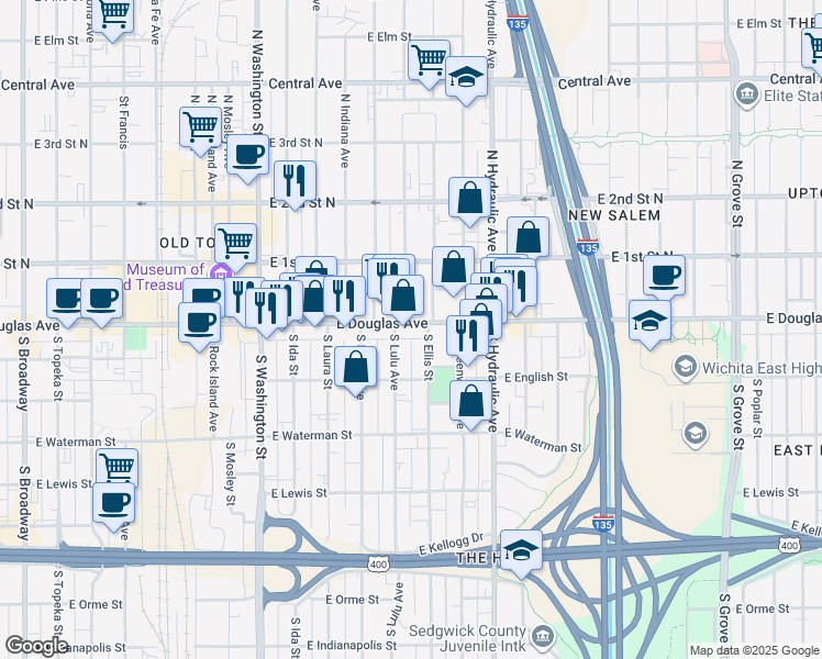 map of restaurants, bars, coffee shops, grocery stores, and more near 1425 East Douglas Avenue in Wichita