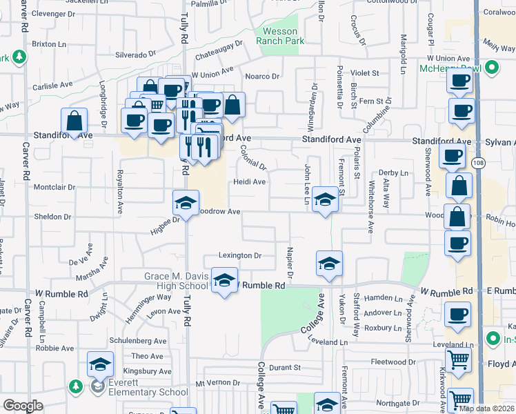 map of restaurants, bars, coffee shops, grocery stores, and more near 1009 Woodrow Avenue in Modesto