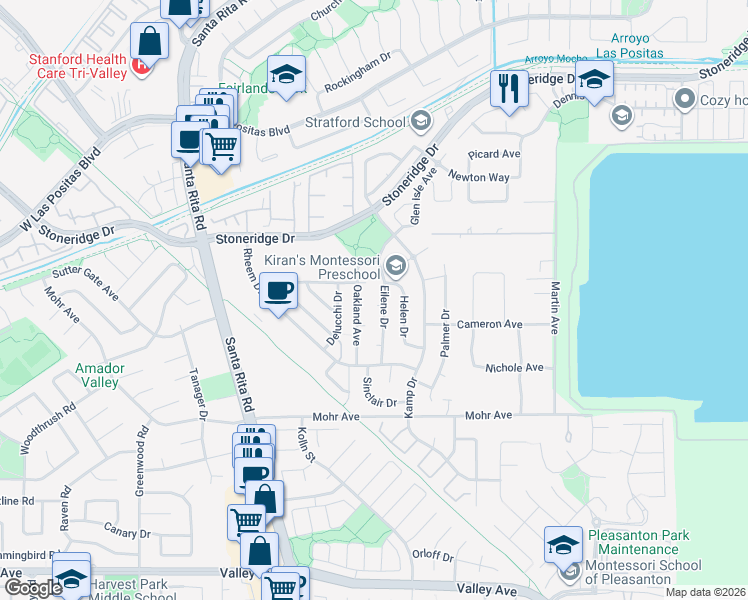 map of restaurants, bars, coffee shops, grocery stores, and more near 4043 Sutherland Court in Pleasanton