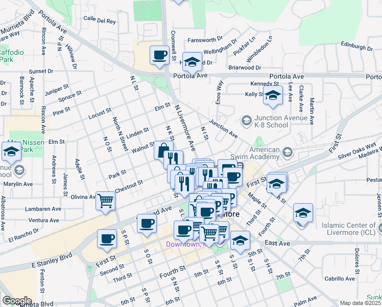 map of restaurants, bars, coffee shops, grocery stores, and more near 361 North Livermore Avenue in Livermore