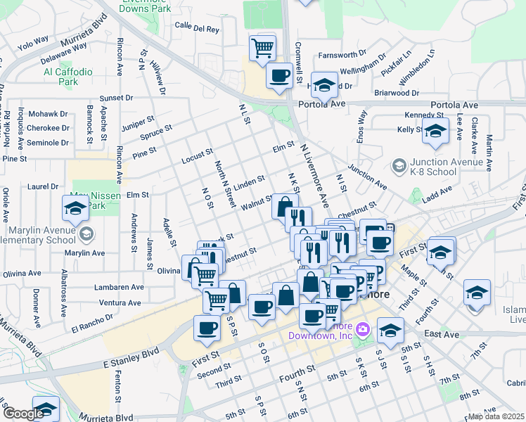 map of restaurants, bars, coffee shops, grocery stores, and more near 462 North M Street in Livermore