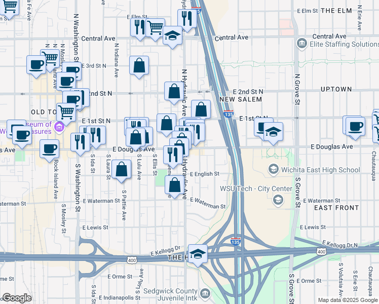 map of restaurants, bars, coffee shops, grocery stores, and more near 106 South Hydraulic Avenue in Wichita