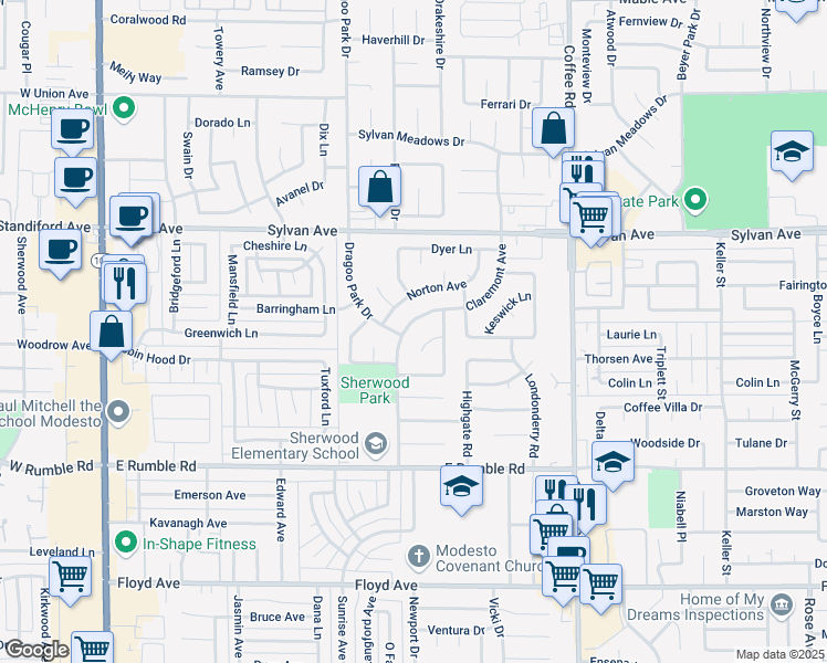 map of restaurants, bars, coffee shops, grocery stores, and more near 3400 Dragoo Park Drive in Modesto