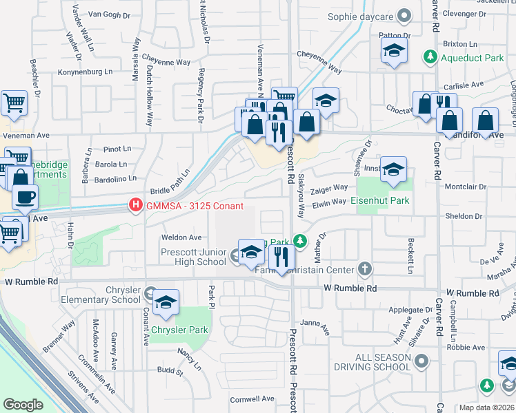 map of restaurants, bars, coffee shops, grocery stores, and more near 2140 Northridge Drive in Modesto
