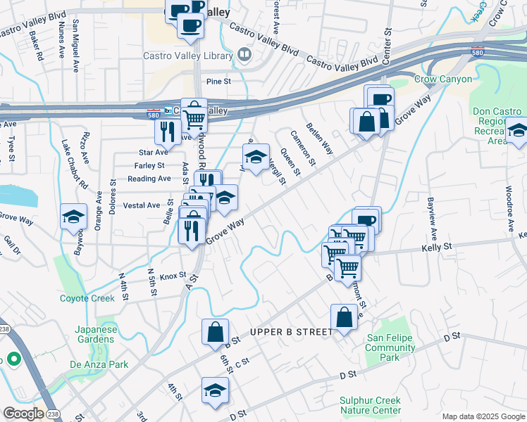 map of restaurants, bars, coffee shops, grocery stores, and more near 2525 Grove Way in Hayward