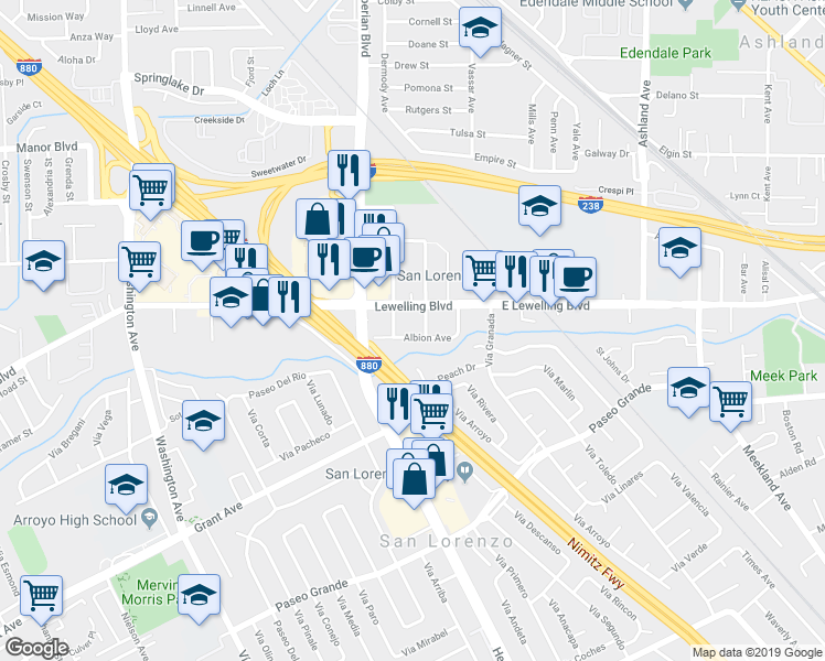 map of restaurants, bars, coffee shops, grocery stores, and more near 369 Albion Avenue in San Lorenzo