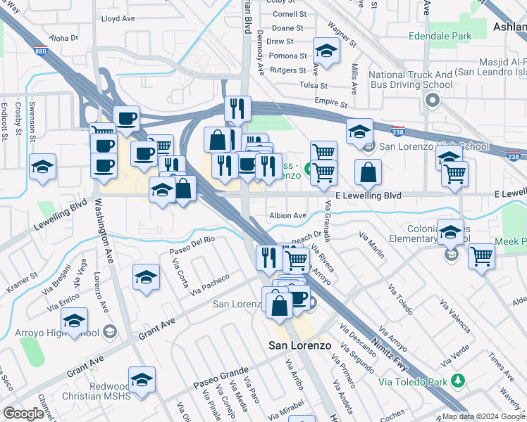 map of restaurants, bars, coffee shops, grocery stores, and more near 15640 Usher Street in San Lorenzo