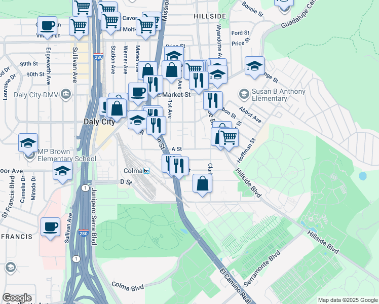 map of restaurants, bars, coffee shops, grocery stores, and more near 440 A Street in Colma