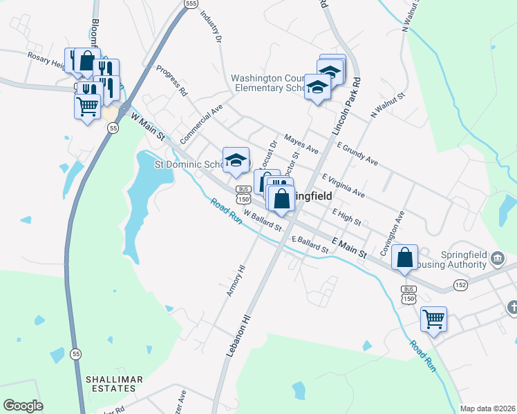 map of restaurants, bars, coffee shops, grocery stores, and more near 200-298 U.S. 150 Business in Springfield