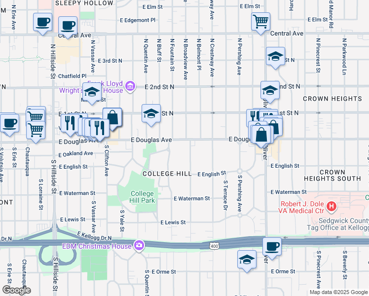 map of restaurants, bars, coffee shops, grocery stores, and more near 114 South Belmont Street in Wichita