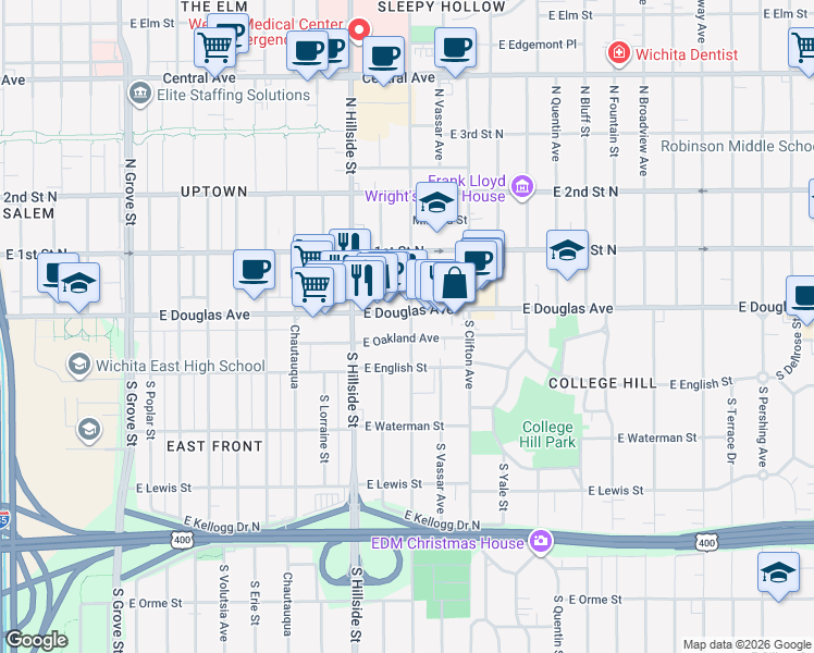map of restaurants, bars, coffee shops, grocery stores, and more near 3219 East Douglas Avenue in Wichita