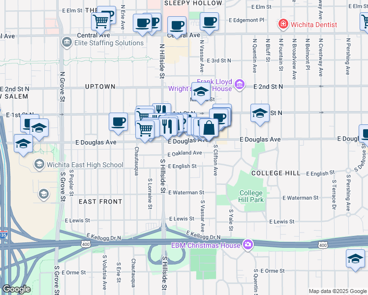 map of restaurants, bars, coffee shops, grocery stores, and more near 3219 East Douglas Avenue in Wichita