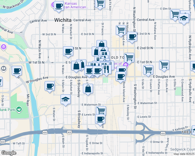 map of restaurants, bars, coffee shops, grocery stores, and more near 521 East Douglas Avenue in Wichita