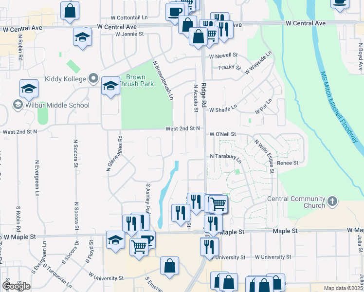 map of restaurants, bars, coffee shops, grocery stores, and more near 223 Brunswick Street in Wichita