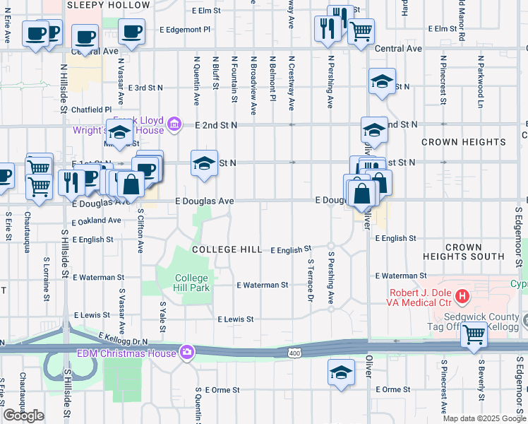 map of restaurants, bars, coffee shops, grocery stores, and more near 114 South Belmont Street in Wichita