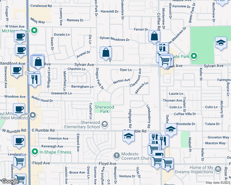 map of restaurants, bars, coffee shops, grocery stores, and more near 3400 Dragoo Park Drive in Modesto