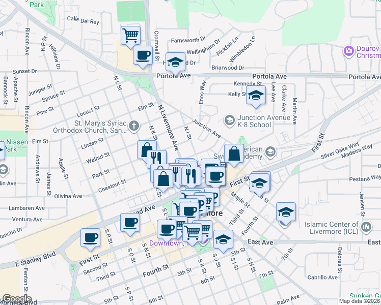 map of restaurants, bars, coffee shops, grocery stores, and more near 352 North Livermore Avenue in Livermore