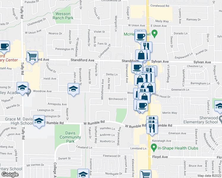 map of restaurants, bars, coffee shops, grocery stores, and more near 3304 Alta Way in Modesto