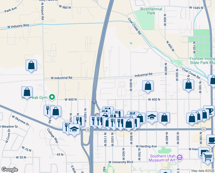 map of restaurants, bars, coffee shops, grocery stores, and more near 1102 Brook St in Cedar City