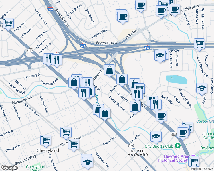 map of restaurants, bars, coffee shops, grocery stores, and more near 20925 Locust Street in Hayward
