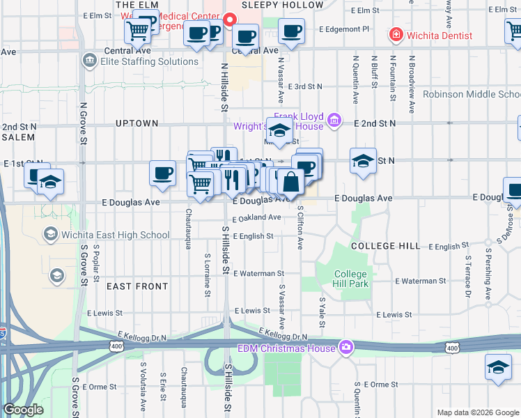 map of restaurants, bars, coffee shops, grocery stores, and more near 3219 East Douglas Avenue in Wichita